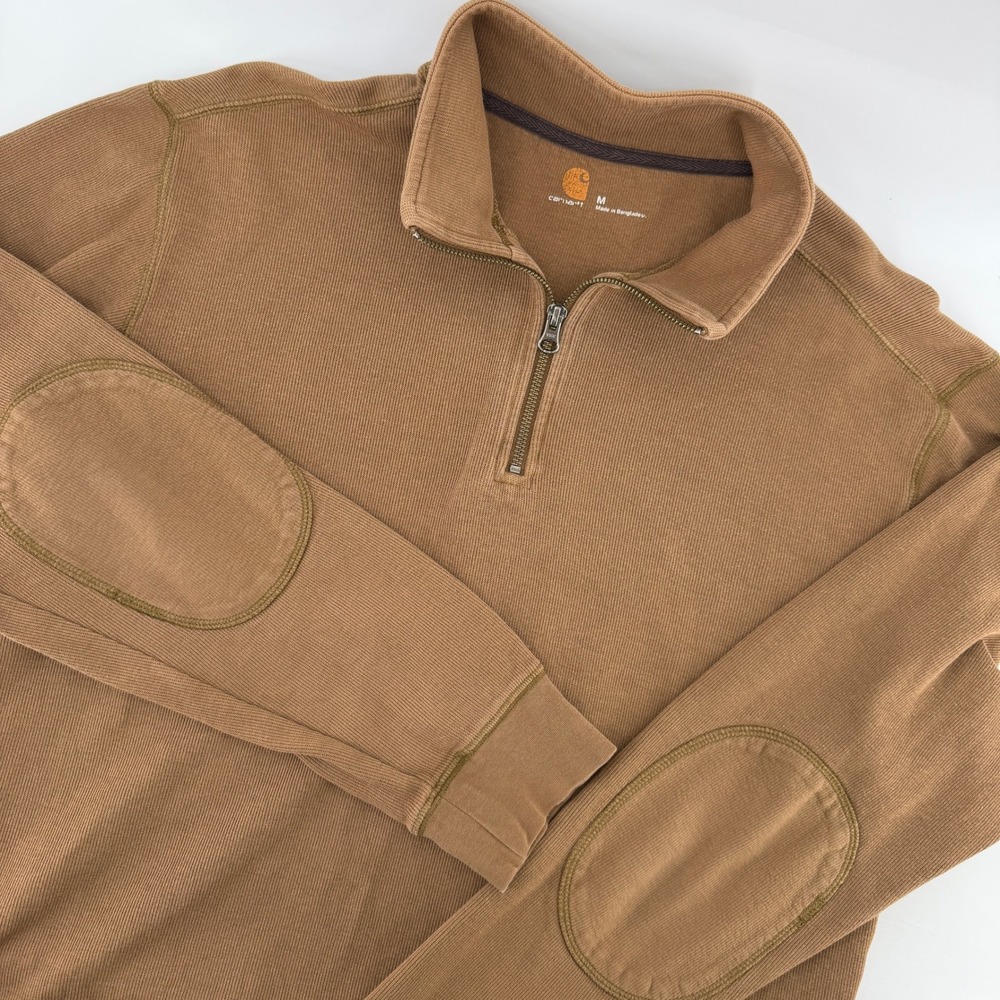 Carhartt Quarter Zip Pullover Mens Medium Brown Ribbed Elbow Patches Workwear